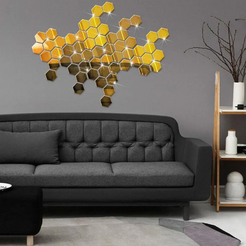 12Pcs 3D Hexagon Acrylic Mirror Wall Stickers DIY Art Wall Decor Stickers Home Decor Living Room Mirrored Decorative Sticker