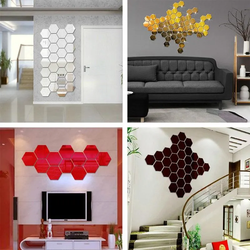12Pcs 3D Hexagon Acrylic Mirror Wall Stickers DIY Art Wall Decor Stickers Home Decor Living Room Mirrored Decorative Sticker