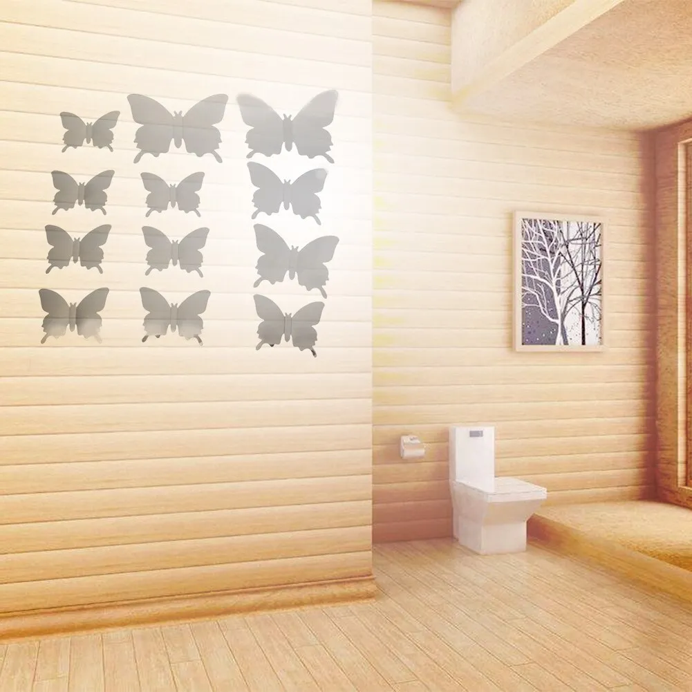 12Pcs/lot 3D Mirror Wall Stickers Butterflies Decoration PVC Art Sticker Living Room Bedroom Adhesive Wall Pappers