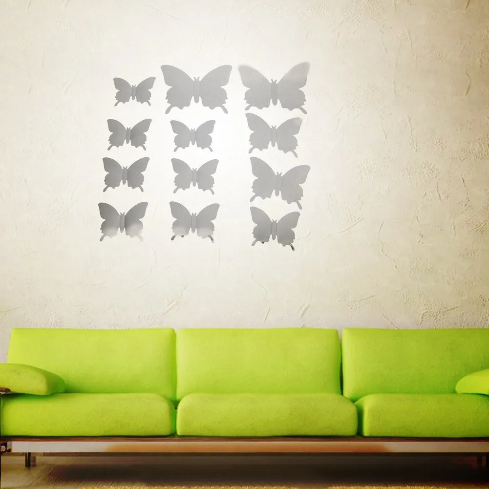 12Pcs/lot 3D Mirror Wall Stickers Butterflies Decoration PVC Art Sticker Living Room Bedroom Adhesive Wall Pappers