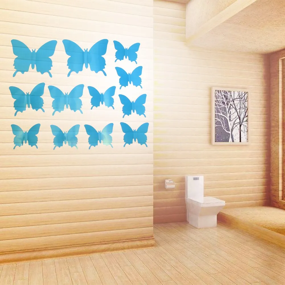 12Pcs/lot 3D Mirror Wall Stickers Butterflies Decoration PVC Art Sticker Living Room Bedroom Adhesive Wall Pappers