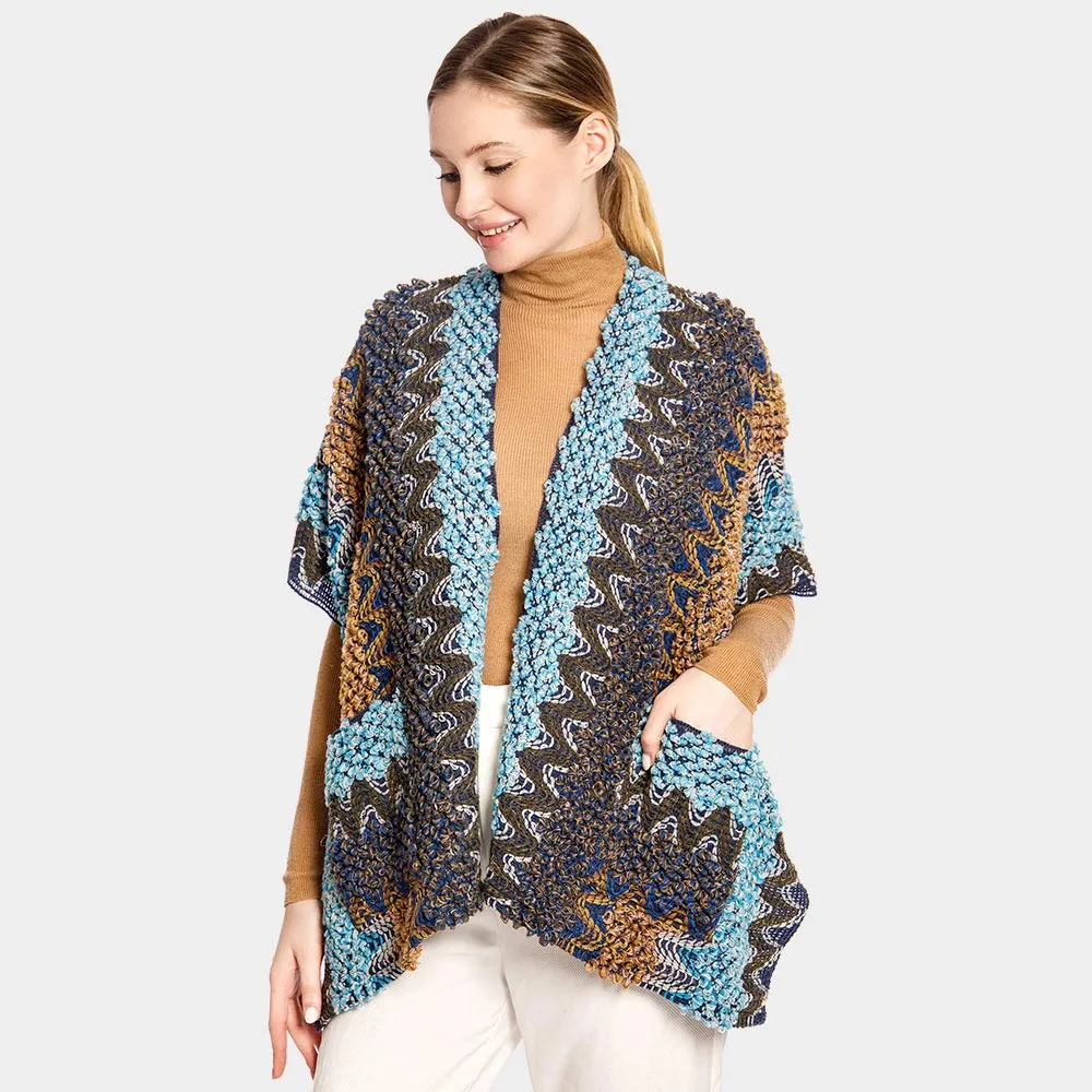 Boho Patterned Front Pocket Ruana Blue