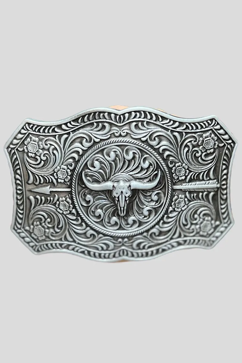 DEMASK STENCIL PRINT ON RED TONE BELT WITH LONGHORN ARROWN BUCKLE. BELT-2021