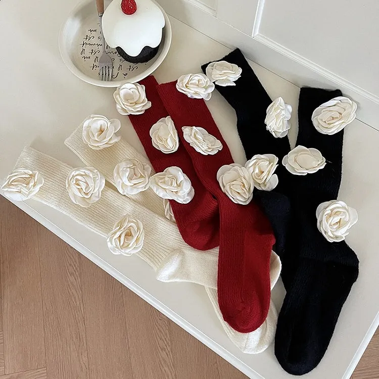 Red Sweet Calf Socks With White Camellias