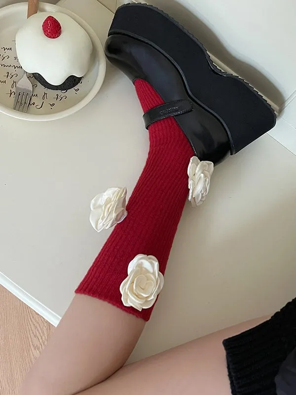 Red Sweet Calf Socks With White Camellias