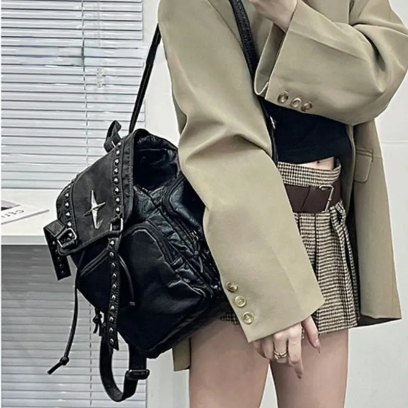UAKISS  -  Streetwear Punk Cross Students Backpack Vintage All Match Trendy Women's Bags Japanese Y2k Aesthetic Casual Fashion Backpacks