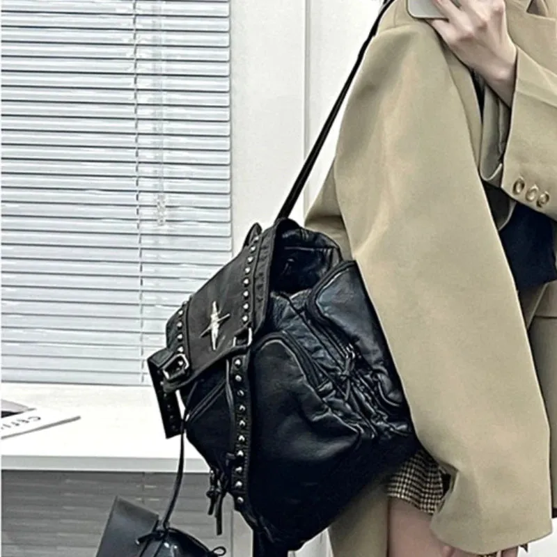 UAKISS  -  Streetwear Punk Cross Students Backpack Vintage All Match Trendy Women's Bags Japanese Y2k Aesthetic Casual Fashion Backpacks