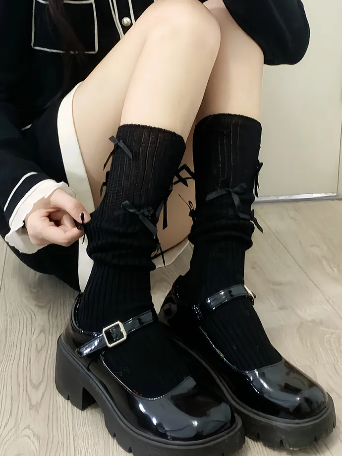 White Sweet Bowknot Calf Socks